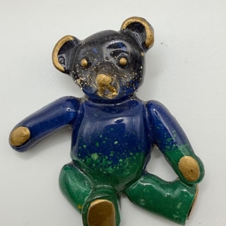 Vintage Teddybär Brosche, Naturstein-Mosaik in Blau & Grün